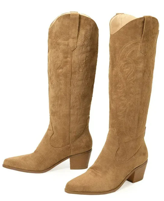 Chunky Heel Knee-high Embroidery Slip-on Middle Boots WEM Support (www.WEM.support)
