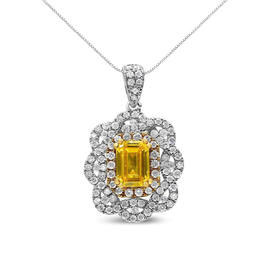 18K Yellow and White Gold 1.75 Cttw Diamond Lab Grown Treated Yellow Emerald Center Diamond Halo 18" Pendant Necklace (Yellow/G-H Color, VS1-VS2 Clarity) WEM Support (www.WEM.support)
