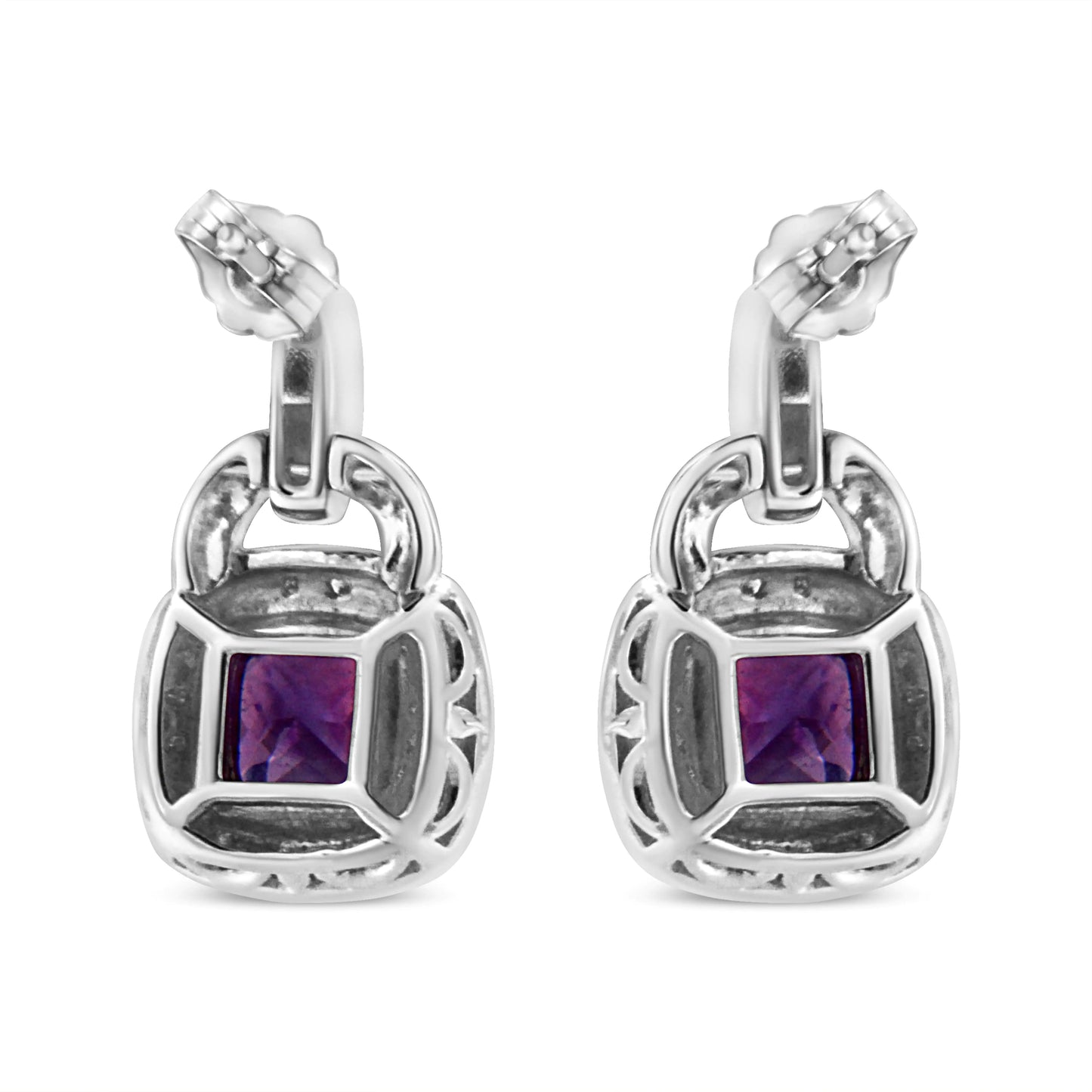 .925 Sterling Silver 8MM Natural Cushion Shaped Amethyst and Diamond Accent Halo with Push Back Dangle Earrings (I-J Color, I2-I3 Clarity) WEM Support (www.WEM.support)