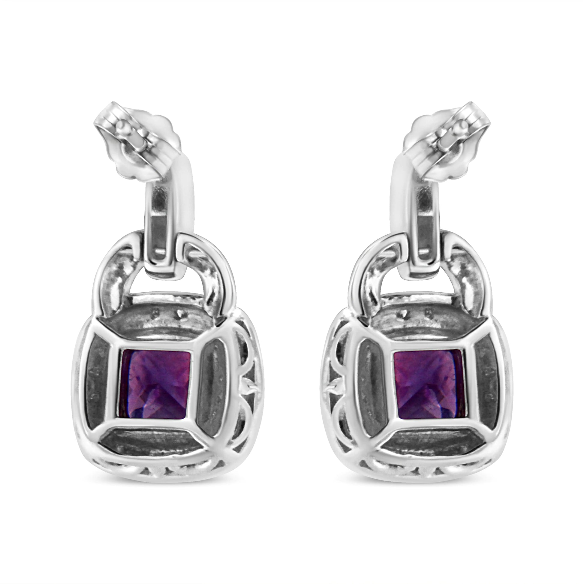 .925 Sterling Silver 8MM Natural Cushion Shaped Amethyst and Diamond Accent Halo with Push Back Dangle Earrings (I-J Color, I2-I3 Clarity) WEM Support (www.WEM.support)