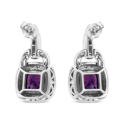 .925 Sterling Silver 8MM Natural Cushion Shaped Amethyst and Diamond Accent Halo with Push Back Dangle Earrings (I-J Color, I2-I3 Clarity) WEM Support (www.WEM.support)