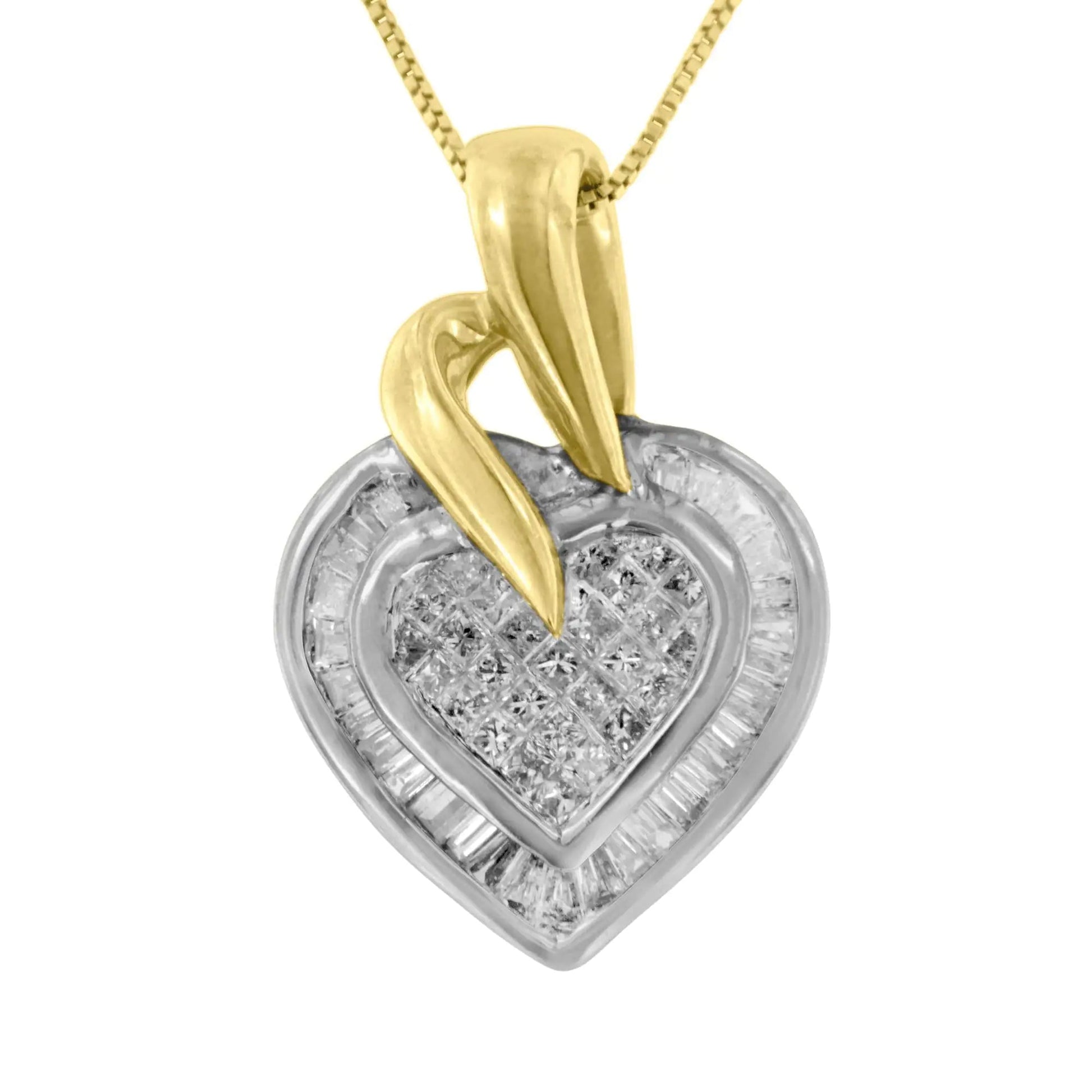 10K Two-Tone Baguette and Princess Cut Diamond Love is Golden Halo Pendant Necklace (1/2 cttw, H-I Color, I1-I2 Clarity) WEM Support (www.WEM.support)