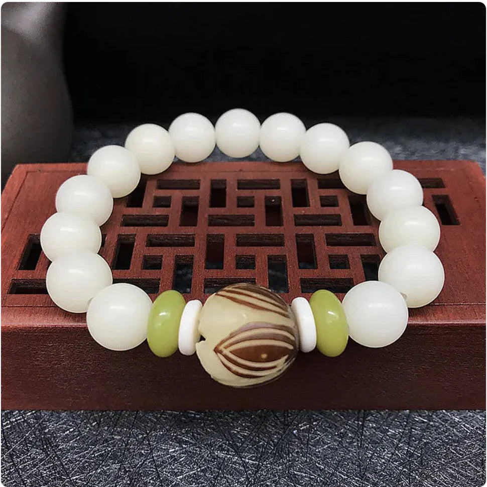 White Jade Bodhi Root 108 Bead Bracelet WEM Support (www.WEM.support)