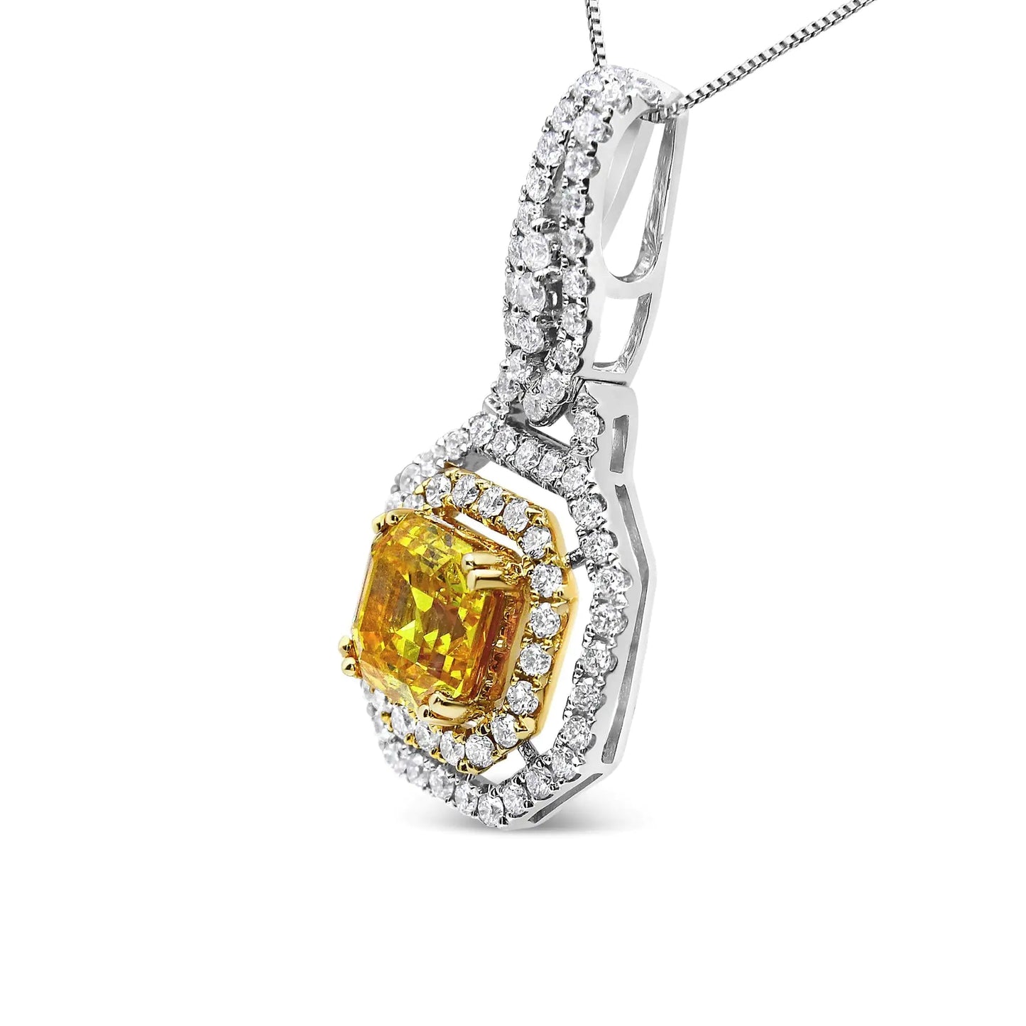 18K White and Yellow Gold 2 3/5 Cttw Lab Grown Yellow Asscher Diamond Double Framed Halo 18" Pendant Necklace (Yellow/G-H Color, VS1-VS2 Clarity) WEM Support (www.WEM.support)