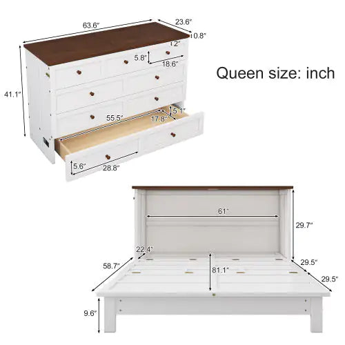 Solid Pine Murphy Bed Chest With Charging Station And Large Storage Drawer For Home Office Or Small Room , Queen, White Walnut WEM Support (www.WEM.support)