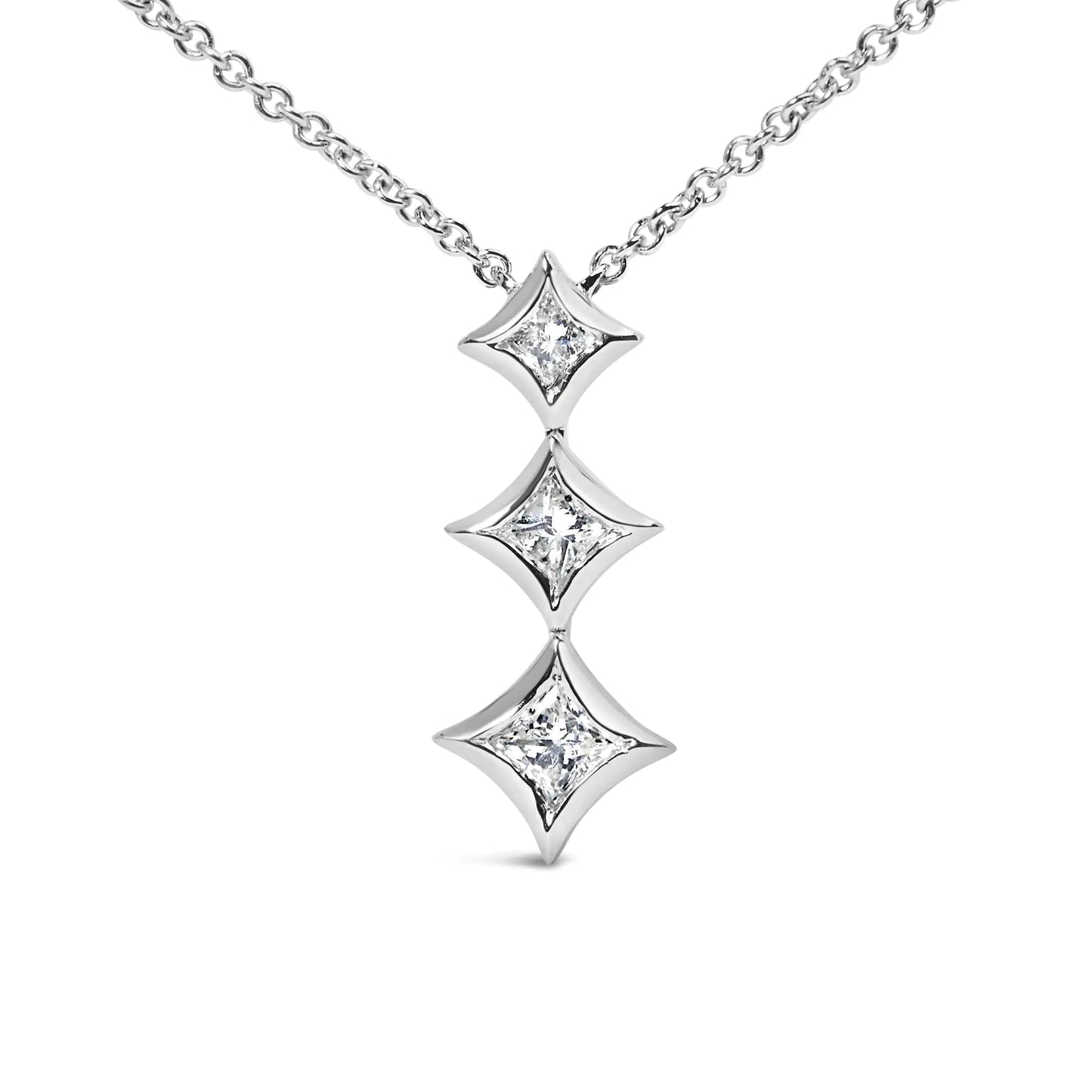 10K Gold 1/5 Cttw Princess Cut Diamond 3 Stone Drop 18" Pendant Necklace (H-I Color, SI2-I1 Clarity) WEM Support (www.WEM.support)