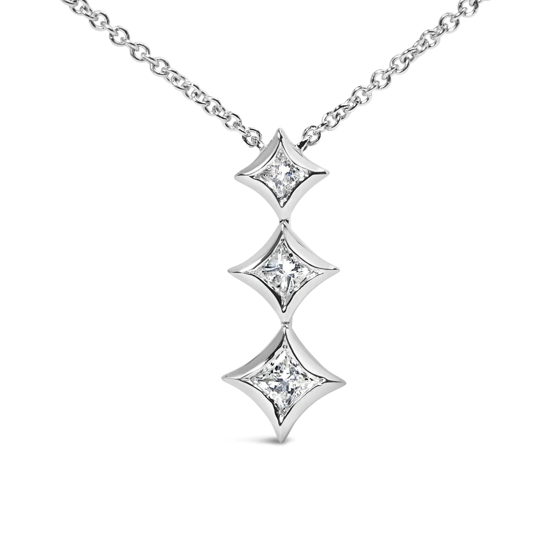 10K Gold 1/5 Cttw Princess Cut Diamond 3 Stone Drop 18" Pendant Necklace (H-I Color, SI2-I1 Clarity) WEM Support (www.WEM.support)