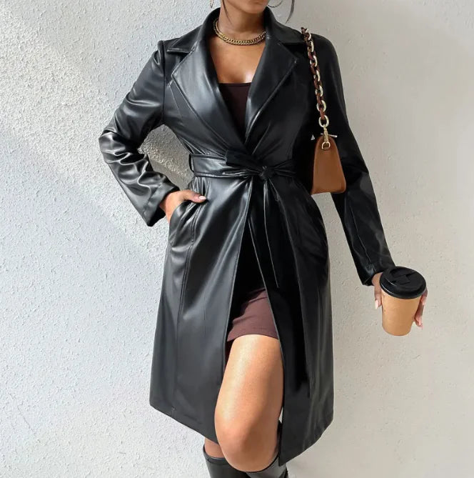 Women's Slim Fit PU Leather Trench Coat with Lapel Collar and Pockets WEM Support (www.WEM.support)