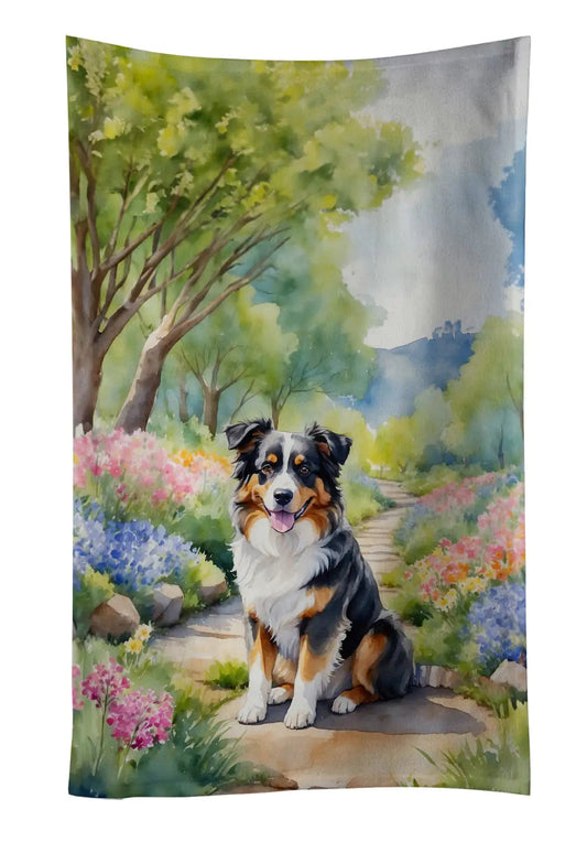 Australian Shepherd Spring Garden Kitchen Towel WEM Support (www.WEM.support)