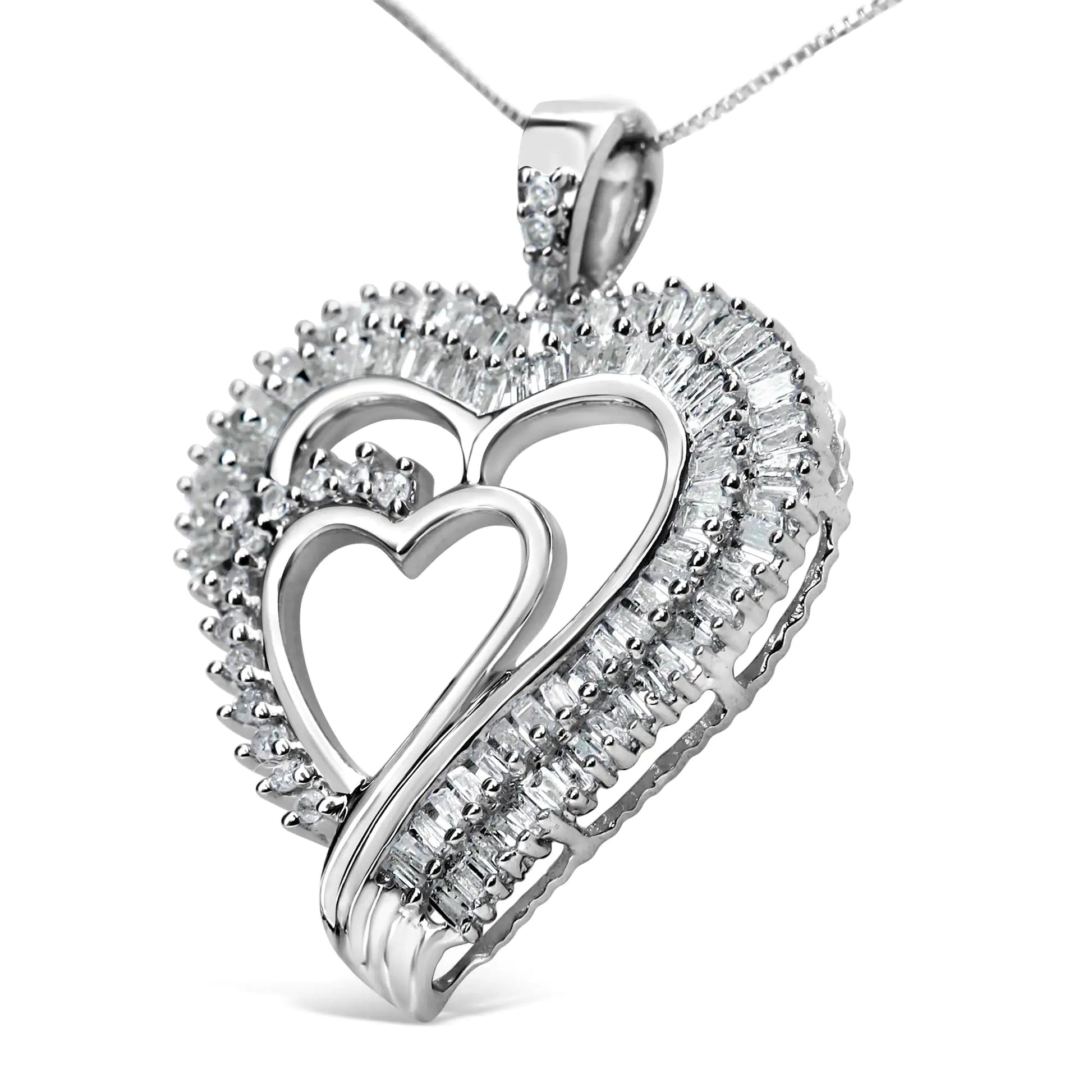 .925 Sterling Silver 3/4 Cttw Round and Baguette Diamond Double Heart Pendant 18" Necklace (I-J Color, I3 Clarity) WEM Support (www.WEM.support)