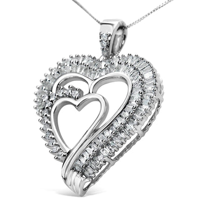 .925 Sterling Silver 3/4 Cttw Round and Baguette Diamond Double Heart Pendant 18" Necklace (I-J Color, I3 Clarity) WEM Support (www.WEM.support)