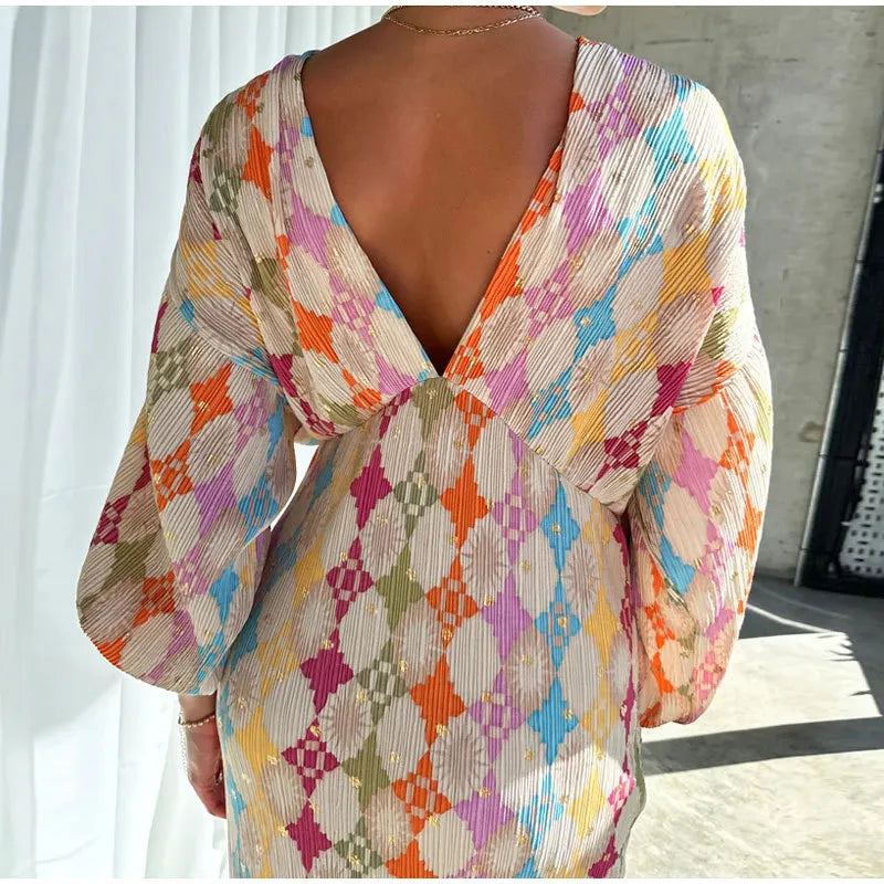 Retro Loose Painted Lantern Sleeve V-neck Printed Dress WEM Support (www.WEM.support)