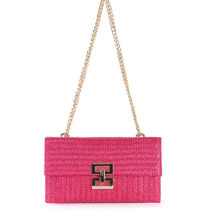 Women's Chain Flap Screw Lock Straw Bag WEM Support (www.WEM.support)