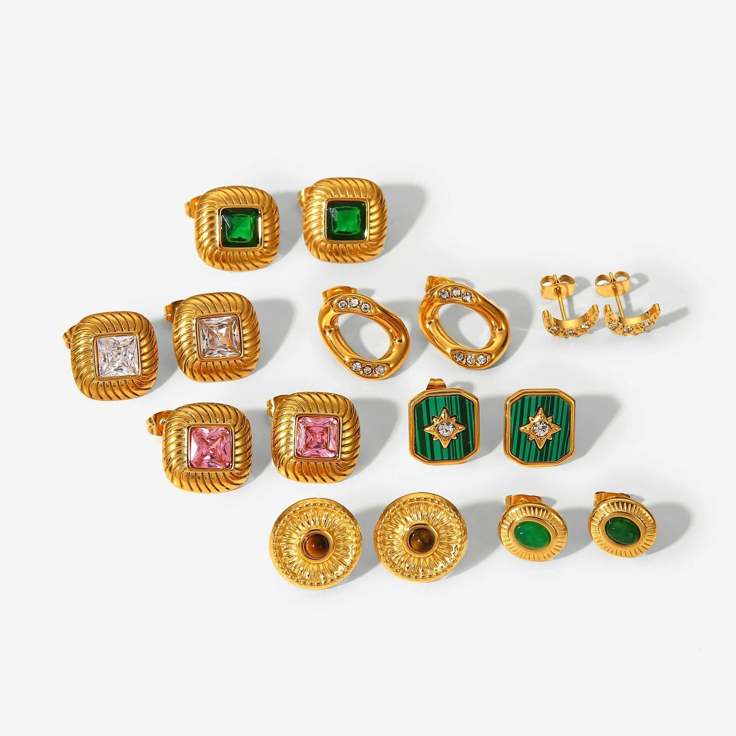 Metal-Inlaid Zirconium & Natural Stone Earrings HejK.com