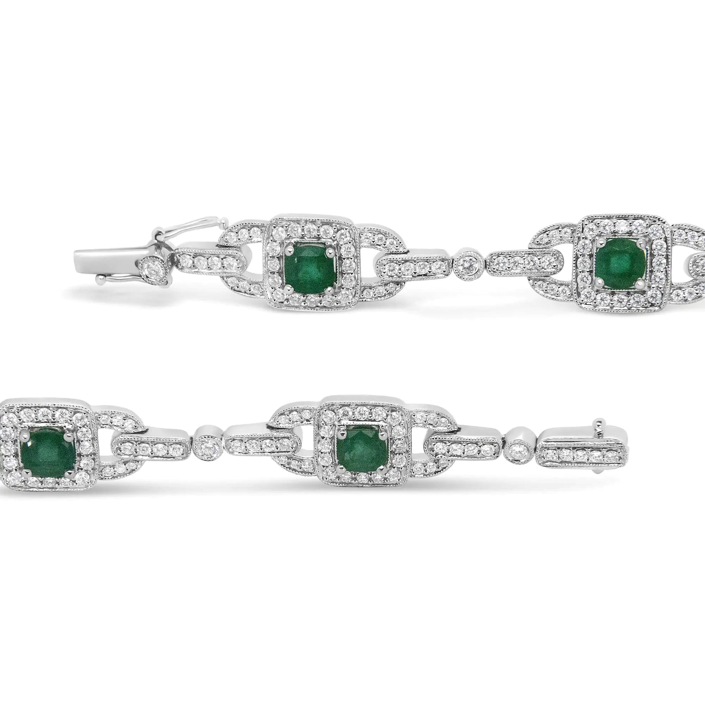 14K White Gold 5mm Emerald Cushion Cut and 2.00 Cttw Round Bezel-Set Diamond Link Bracelet - (H-I Color, VS1-VS2 Clarity) - Size 7" WEM Support (www.WEM.support)