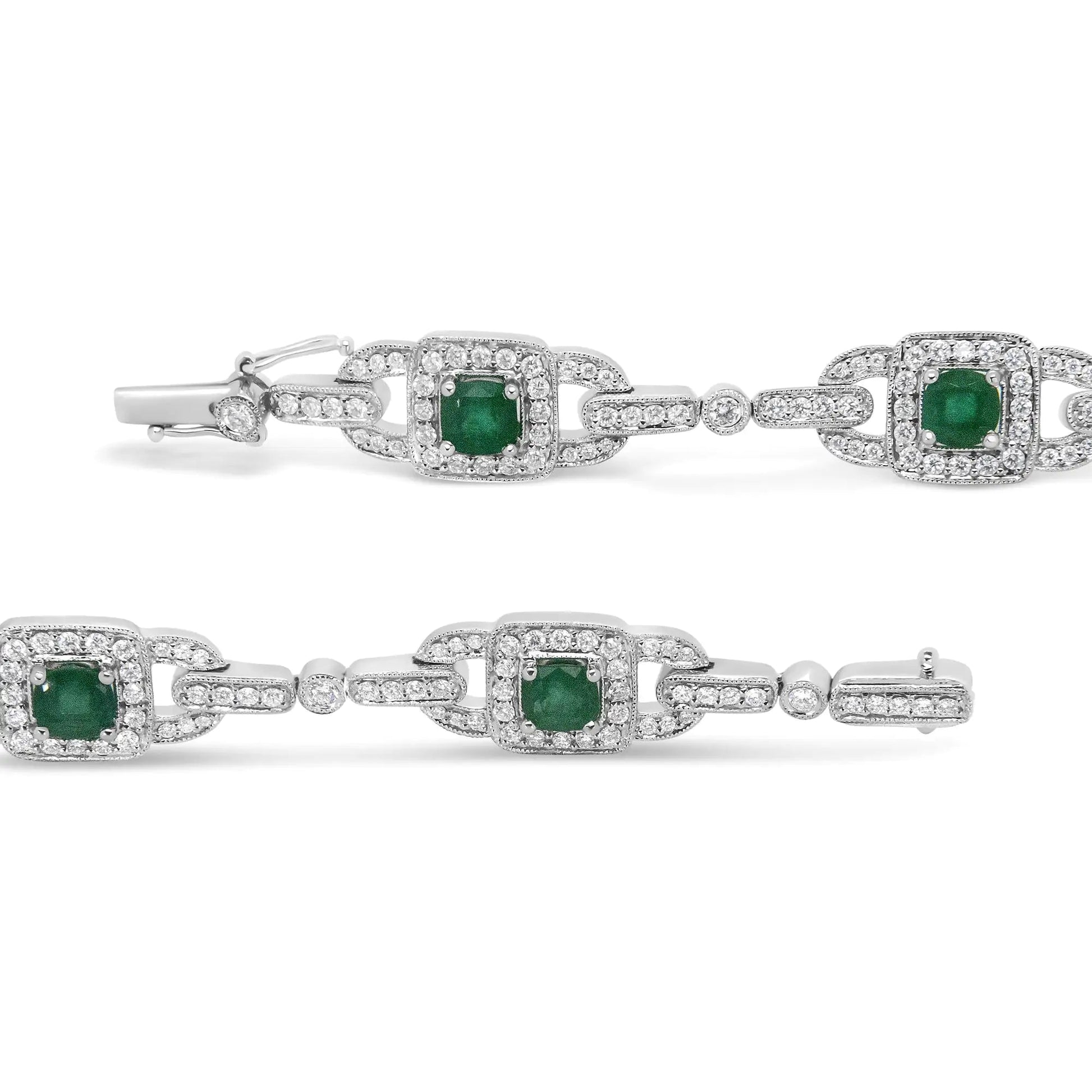 14K White Gold 5mm Emerald Cushion Cut and 2.00 Cttw Round Bezel-Set Diamond Link Bracelet - (H-I Color, VS1-VS2 Clarity) - Size 7" WEM Support (www.WEM.support)