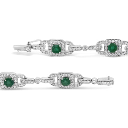 14K White Gold 5mm Emerald Cushion Cut and 2.00 Cttw Round Bezel-Set Diamond Link Bracelet - (H-I Color, VS1-VS2 Clarity) - Size 7" WEM Support (www.WEM.support)