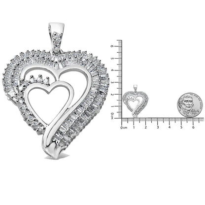 .925 Sterling Silver 3/4 Cttw Round and Baguette Diamond Double Heart Pendant 18" Necklace (I-J Color, I3 Clarity) WEM Support (www.WEM.support)