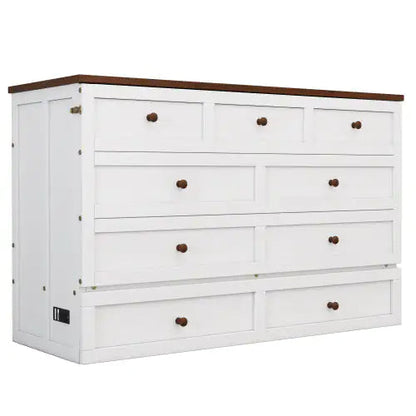 Solid Pine Murphy Bed Chest With Charging Station And Large Storage Drawer For Home Office Or Small Room , Full, White Walnut WEM Support (www.WEM.support)