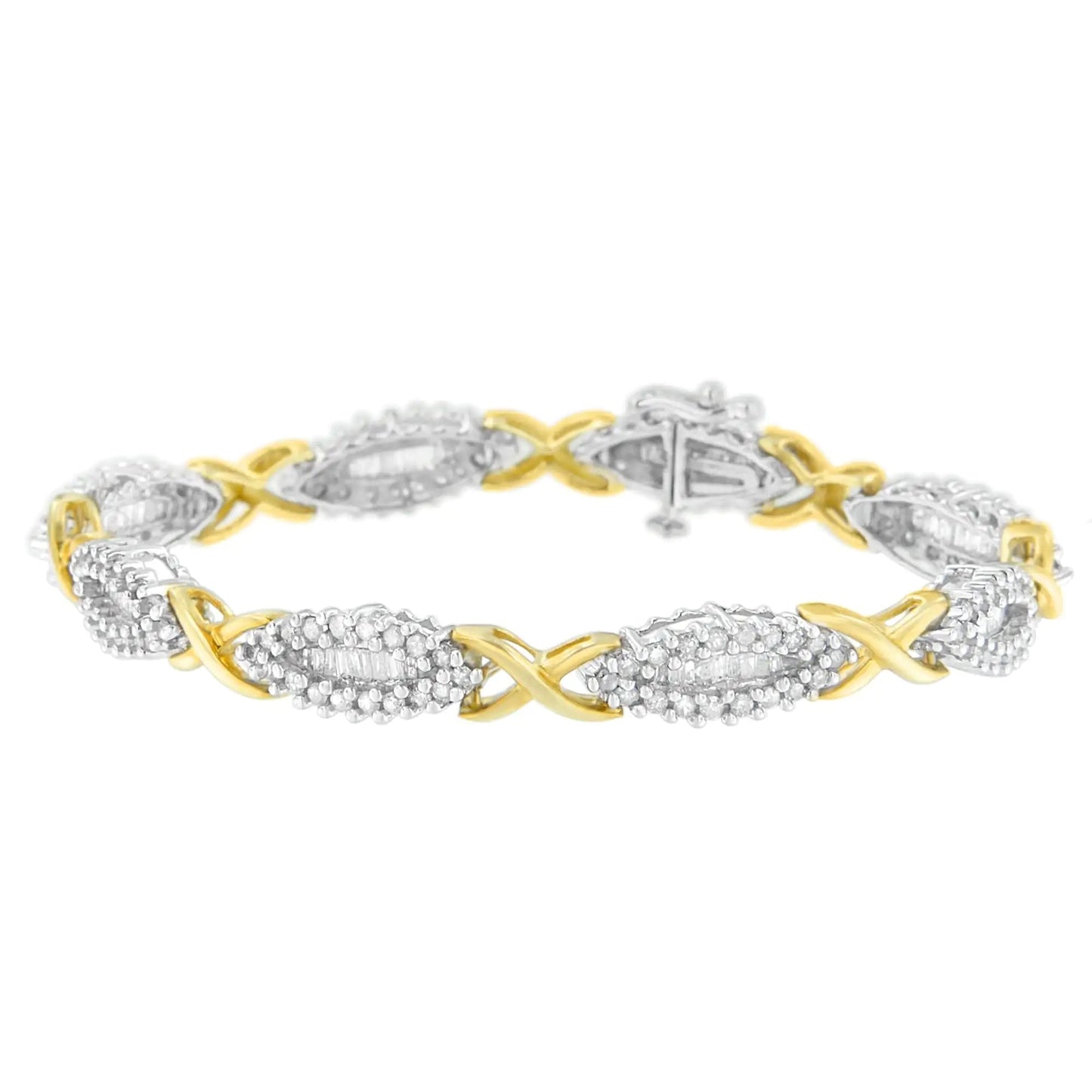 10K Two-Toned Round and Baguette-cut Diamond Bracelet (3 cttw, H-I Color, I2-I3 Clarity) WEM Support (www.WEM.support)