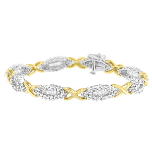 10K Two-Toned Round and Baguette-cut Diamond Bracelet (3 cttw, H-I Color, I2-I3 Clarity) WEM Support (www.WEM.support)