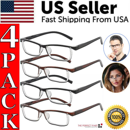 4 Pack Reading Glasses Readers Men Women Square Frame Spring Hinge Unisex Pairs WEM Support (www.WEM.support)