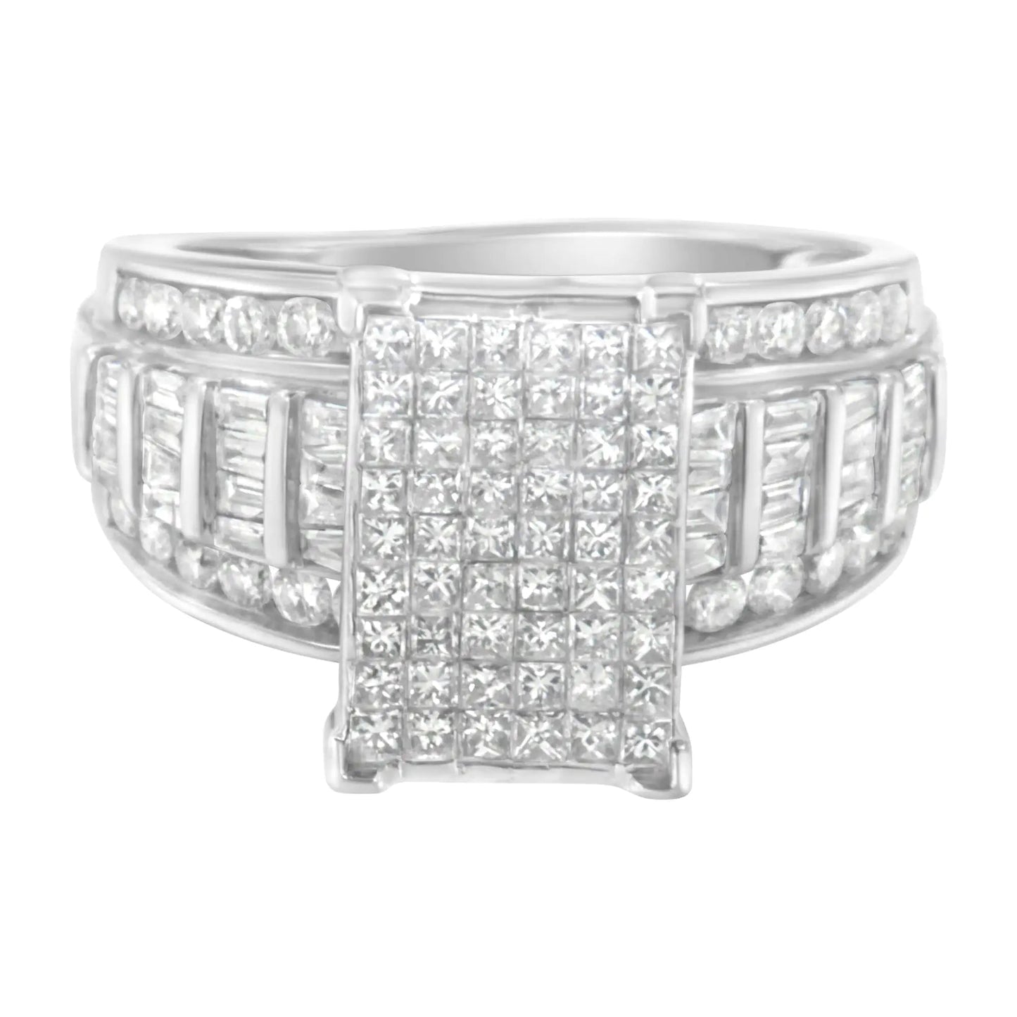 14K White Gold 2.0 Cttw Mixed-Cut Diamond Rectangle Invisible-Set Composite Cluster Ring with Bar- and Channel-Set Band (H-I Color, SI2-I1 Clarity) WEM Support (www.WEM.support)