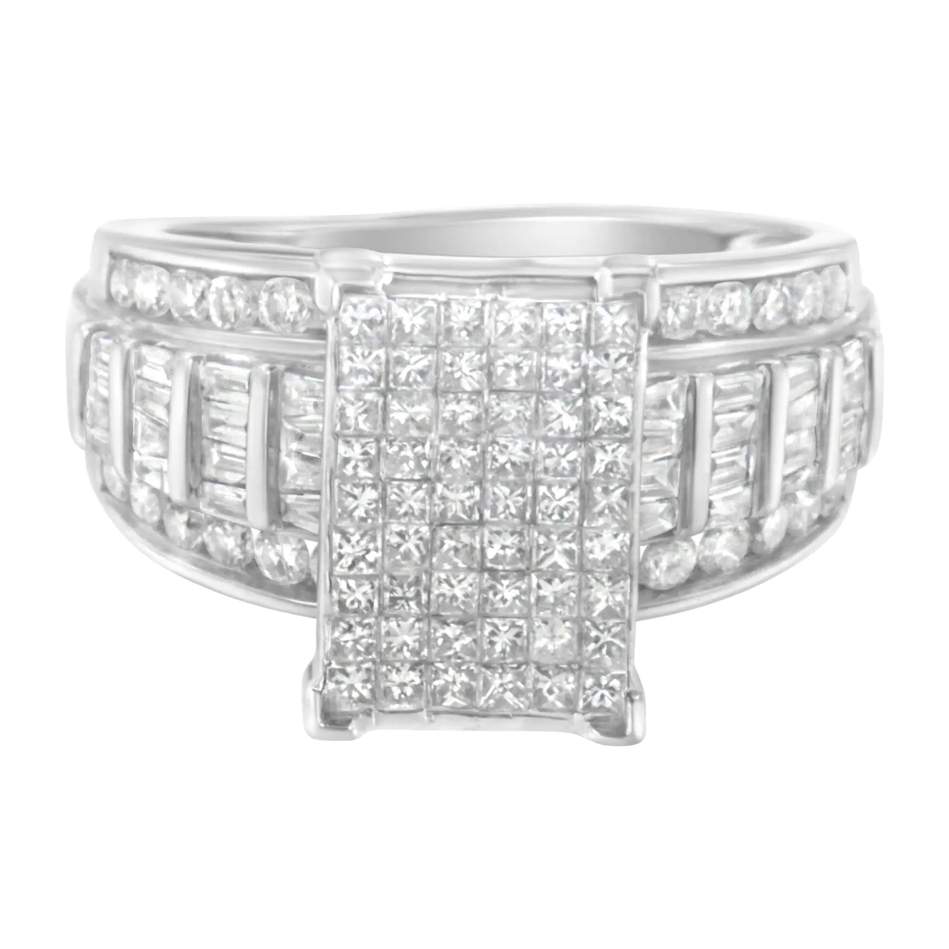 14K White Gold 2.0 Cttw Mixed-Cut Diamond Rectangle Invisible-Set Composite Cluster Ring with Bar- and Channel-Set Band (H-I Color, SI2-I1 Clarity) WEM Support (www.WEM.support)