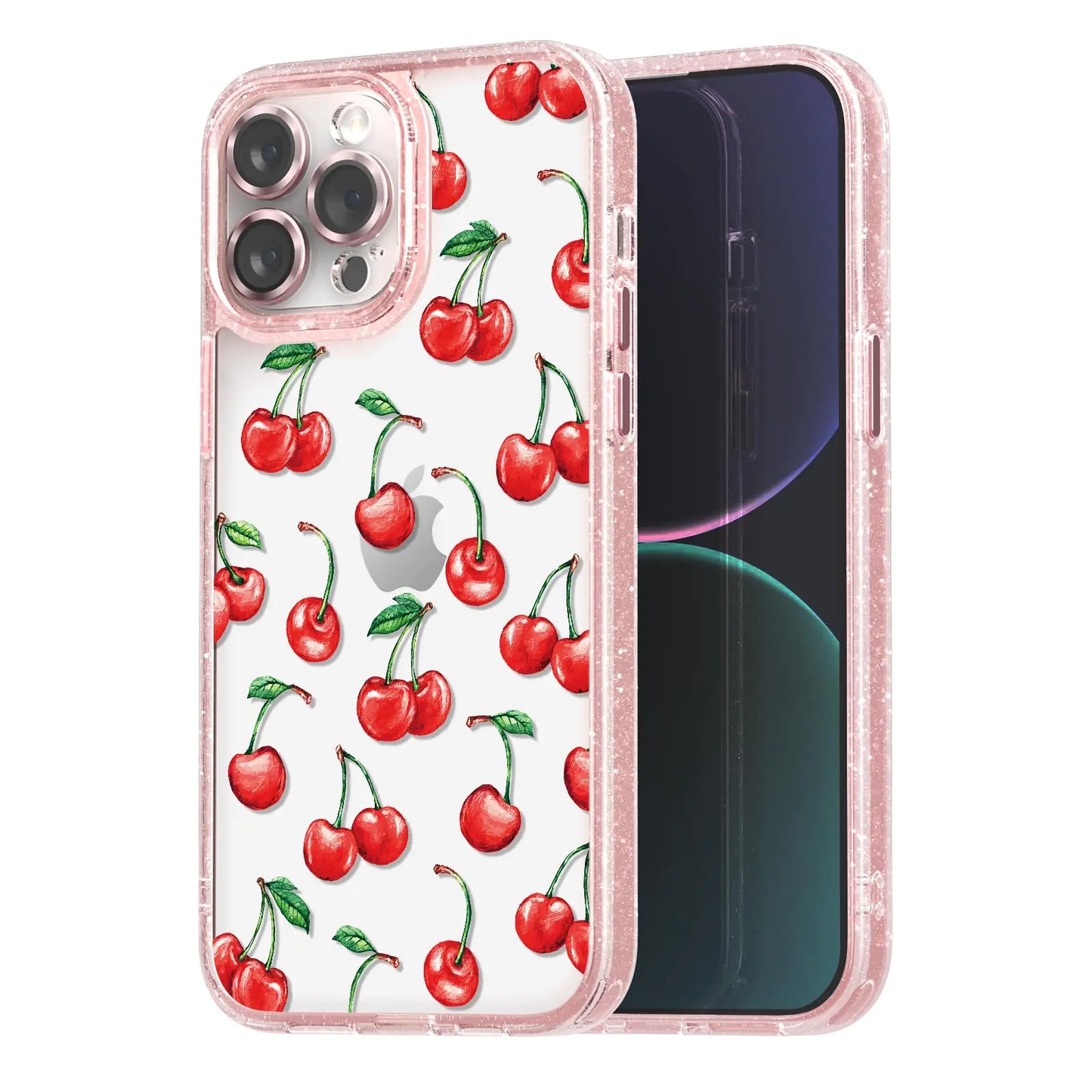 Compatible for iPhone 13 Pro Max Case Cute Aesthetic - Glitter Pink Phone Case with Camera Protector - Girly Strawberry Pattern Print Cover Design for Woman Girl 6.7"