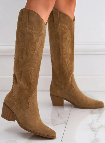 Chunky Heel Knee-high Embroidery Slip-on Middle Boots WEM Support (www.WEM.support)