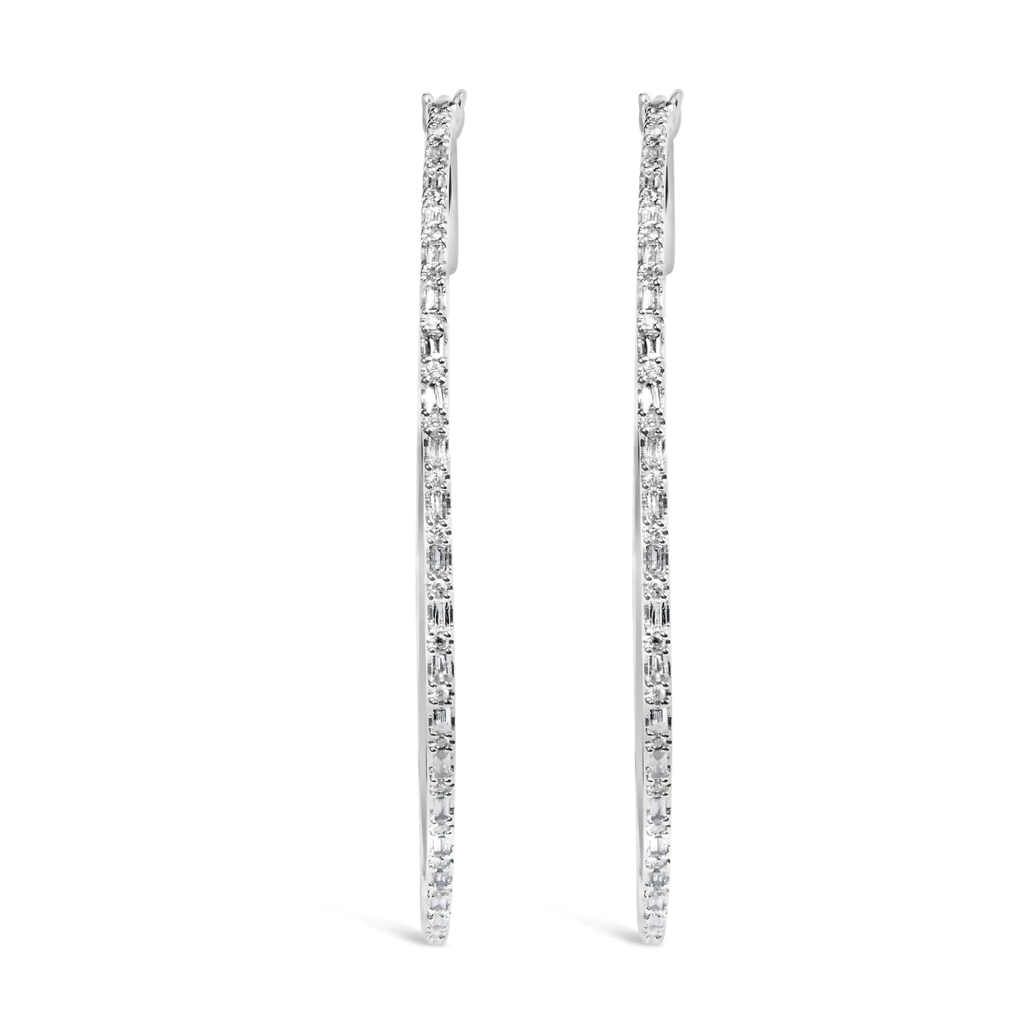 10K White Gold 1/2 Cttw Baguette and Round Alternating Diamond Hoop Earrings (I-J Color, I2-I3 Clarity) WEM Support (www.WEM.support)