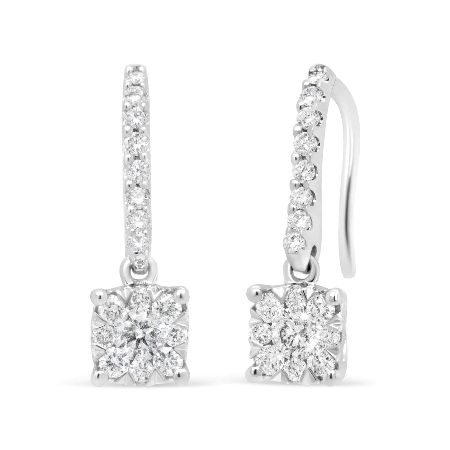 14K White 1/2 Cttw Round Diamond Halo Dangle Hook Earring - (H-I Color, SI2-I1 Clarity) WEM Support (www.WEM.support)