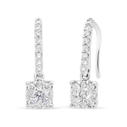 14K White 1/2 Cttw Round Diamond Halo Dangle Hook Earring - (H-I Color, SI2-I1 Clarity) WEM Support (www.WEM.support)