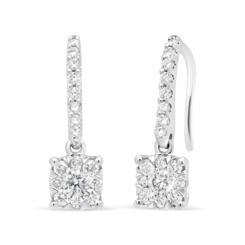 14K White 1/2 Cttw Round Diamond Halo Dangle Hook Earring - (H-I Color, SI2-I1 Clarity) WEM Support (www.WEM.support)