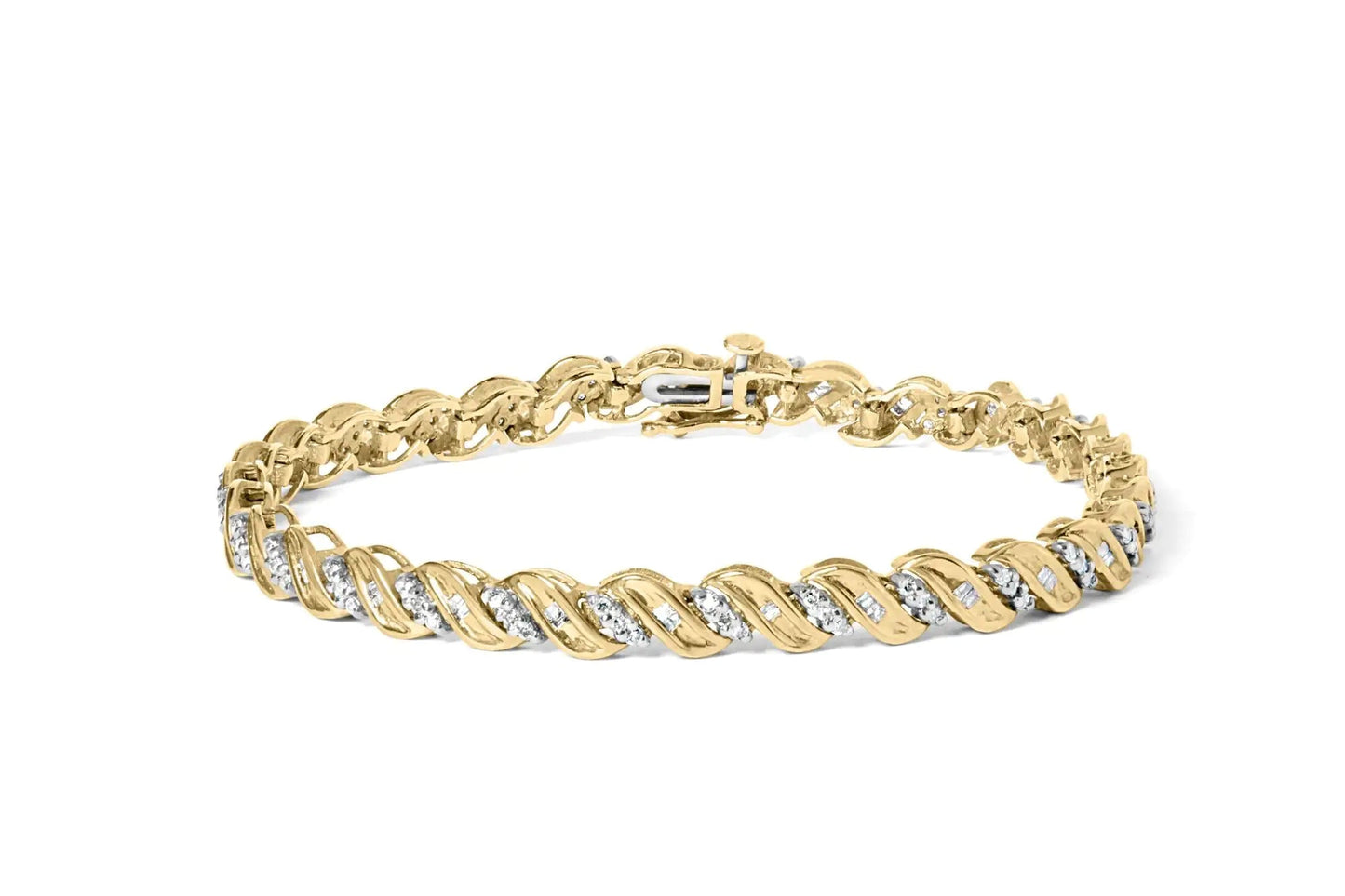 10k Yellow Gold 1.00 Cttw Round-Cut and Baguette-Cut S-Link 7.25" Bracelet (I-J Color, I2-I3 Clarity) WEM Support (www.WEM.support)