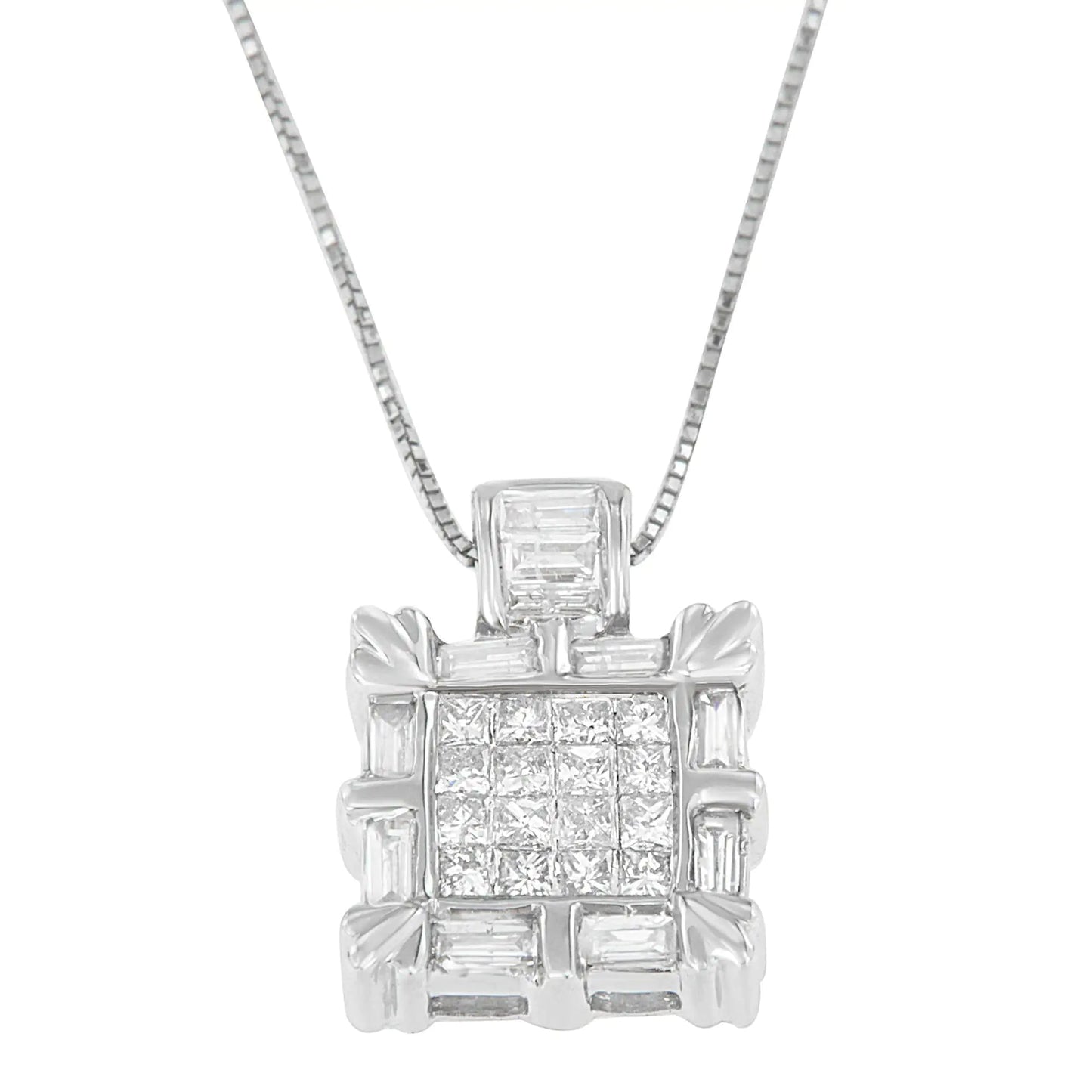 14K White Gold Baguette and Princess Cut Diamond Square Halo Pendant Necklace (3/4 cttw, H-I Color, SI2-I1 Clarity) WEM Support (www.WEM.support)