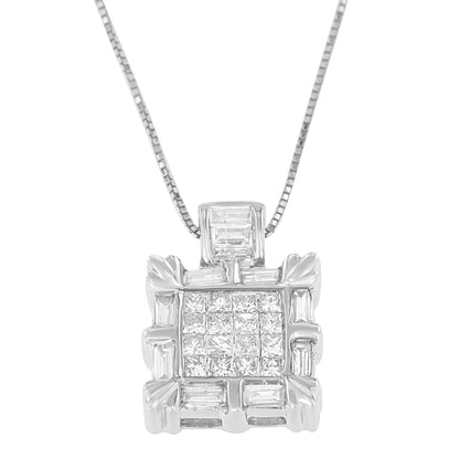 14K White Gold Baguette and Princess Cut Diamond Square Halo Pendant Necklace (3/4 cttw, H-I Color, SI2-I1 Clarity) WEM Support (www.WEM.support)