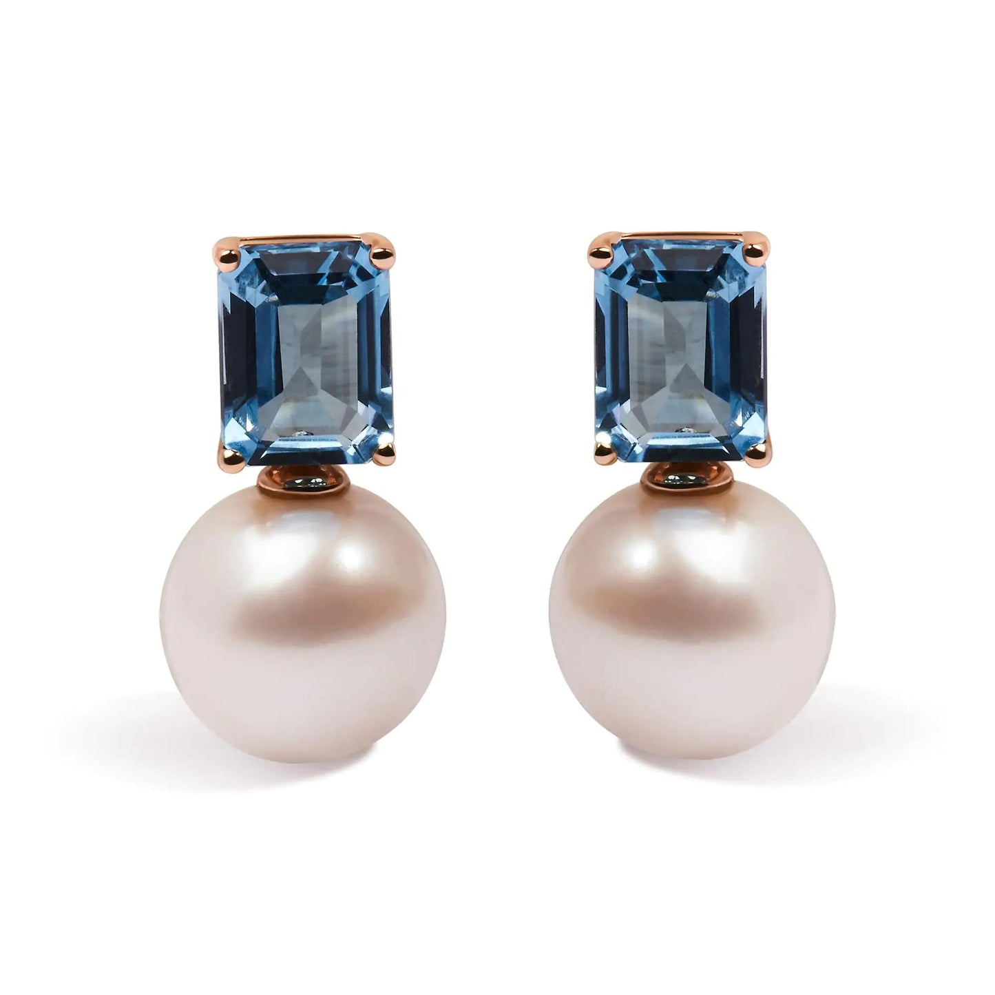 14K Rose Gold 10MM Cultured Freshwater Pearl and 8x6mm Octagon Swiss Blue Topaz Drop Earrings WEM Support (www.WEM.support)
