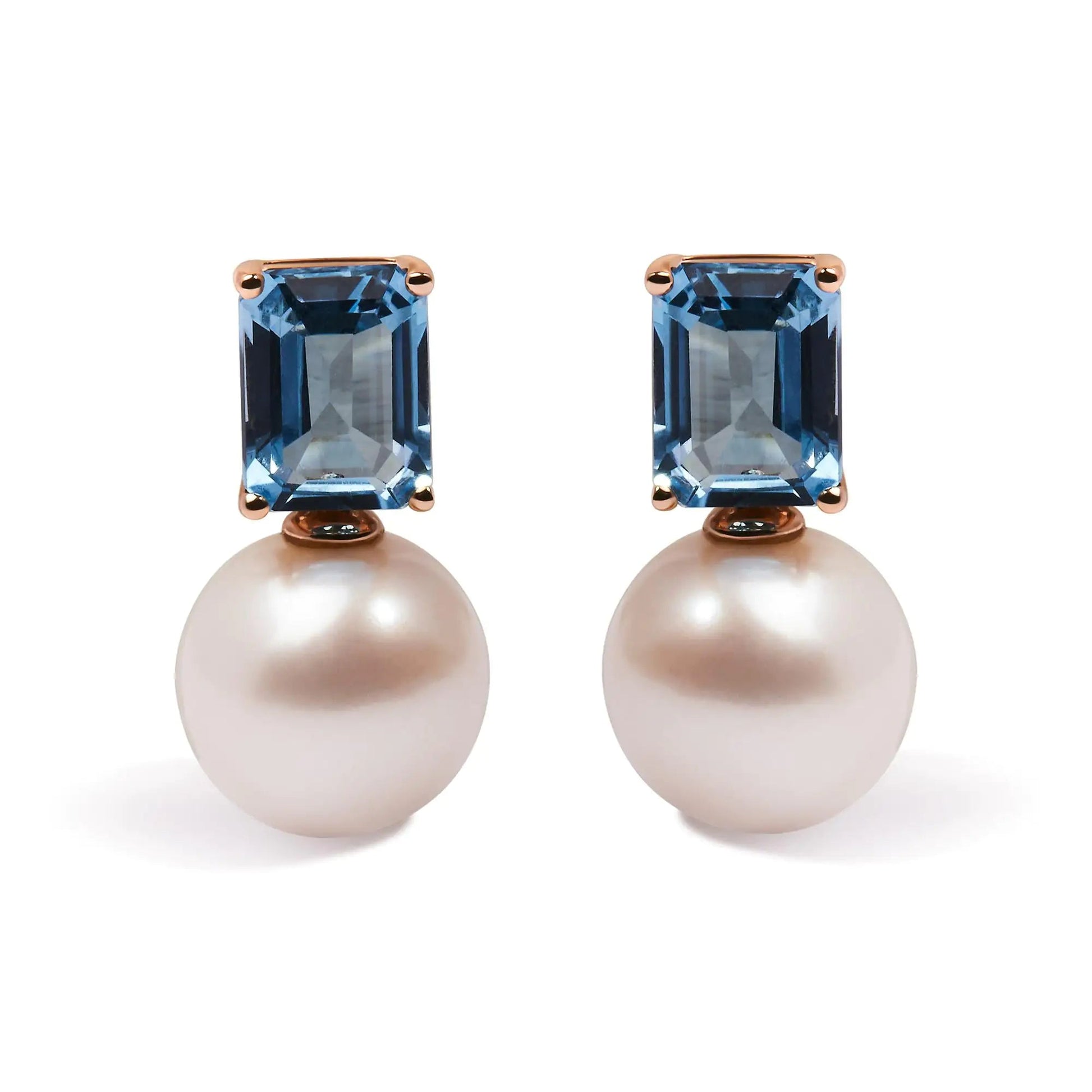 14K Rose Gold 10MM Cultured Freshwater Pearl and 8x6mm Octagon Swiss Blue Topaz Drop Earrings WEM Support (www.WEM.support)