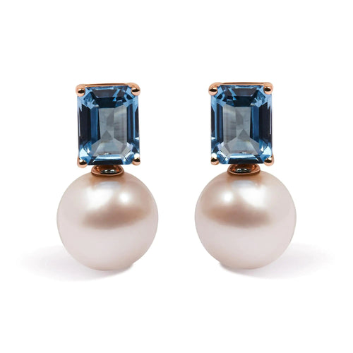 14K Rose Gold 10MM Cultured Freshwater Pearl and 8x6mm Octagon Swiss Blue Topaz Drop Earrings WEM Support (www.WEM.support)