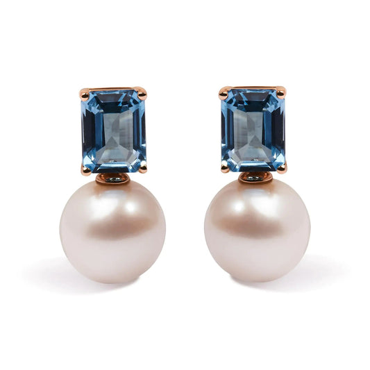 14K Rose Gold 10MM Cultured Freshwater Pearl and 8x6mm Octagon Swiss Blue Topaz Drop Earrings WEM Support (www.WEM.support)