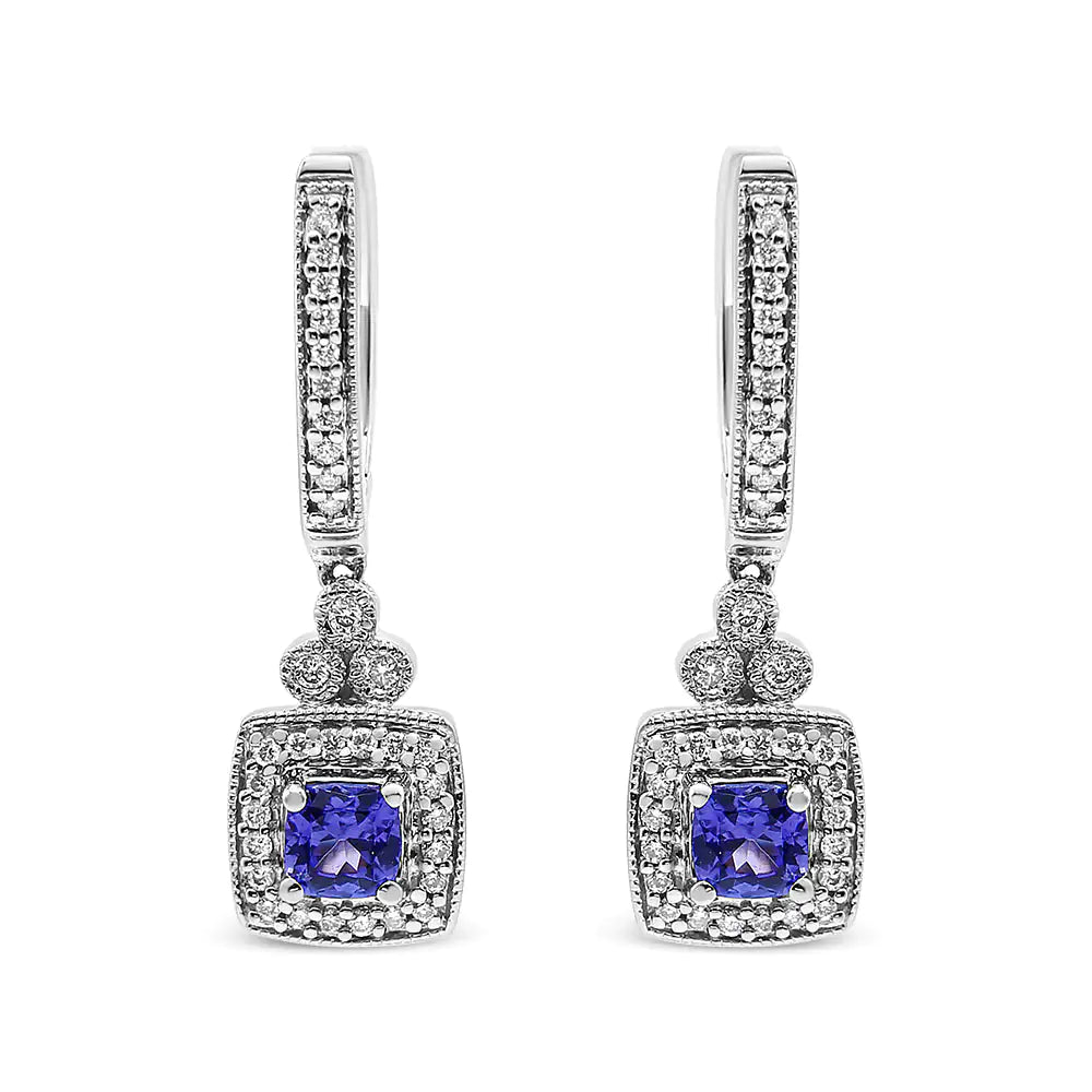 14K White Gold 4x4 mm Cushion Shaped Blue Tanzanite and 1/3 Cttw Diamond Halo 1" Inch Drop and Dangle Earrings (J-K Color, SI2-I1 Clarity) WEM Support (www.WEM.support)