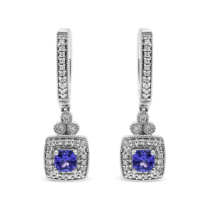 14K White Gold 4x4 mm Cushion Shaped Blue Tanzanite and 1/3 Cttw Diamond Halo 1" Inch Drop and Dangle Earrings (J-K Color, SI2-I1 Clarity) WEM Support (www.WEM.support)