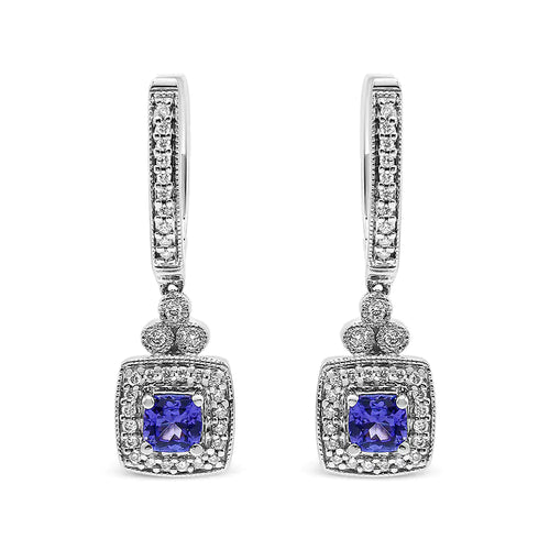 14K White Gold 4x4 mm Cushion Shaped Blue Tanzanite and 1/3 Cttw Diamond Halo 1" Inch Drop and Dangle Earrings (J-K Color, SI2-I1 Clarity) WEM Support (www.WEM.support)