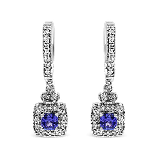 14K White Gold 4x4 mm Cushion Shaped Blue Tanzanite and 1/3 Cttw Diamond Halo 1" Inch Drop and Dangle Earrings (J-K Color, SI2-I1 Clarity) WEM Support (www.WEM.support)