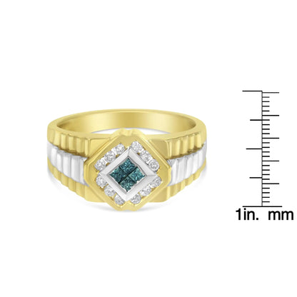 Men's 14kt Yellow and White Gold 1/2 cttw Treated Blue Princess-Cut and White Round-cut Diamond Signet Ring(Treated Blue/H-I,SI2-I1) WEM Support (www.WEM.support)