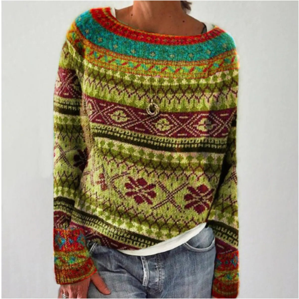 Women's Multicolor Round Neck Loose Knit Sweater WEM Support (www.WEM.support)
