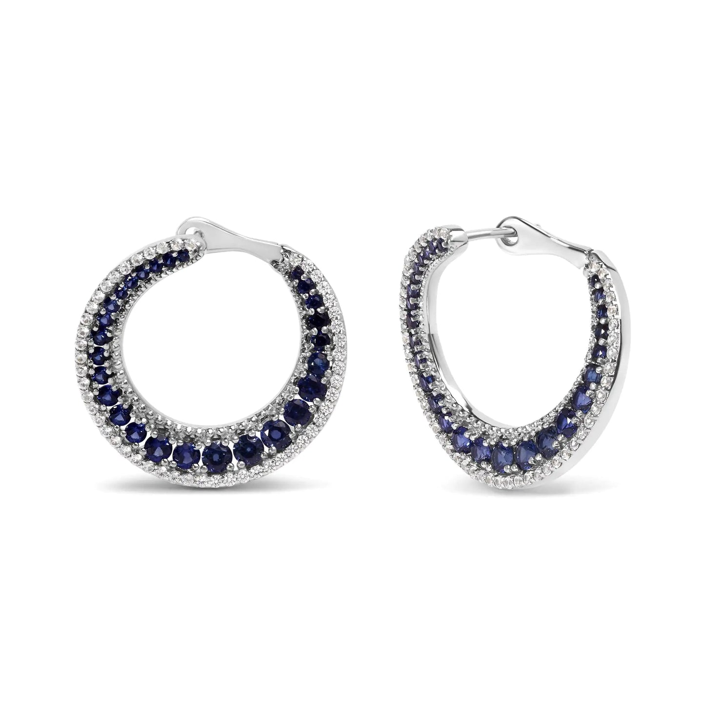 .925 Sterling Silver 2 3/4 Cttw Created Blue Sapphire Crescent Moon Disc Style Hoop Earrings - AAA Quality WEM Support (www.WEM.support)