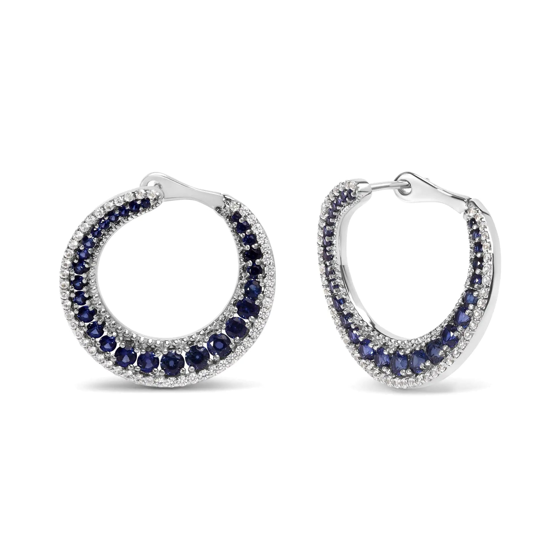 .925 Sterling Silver 2 3/4 Cttw Created Blue Sapphire Crescent Moon Disc Style Hoop Earrings - AAA Quality WEM Support (www.WEM.support)