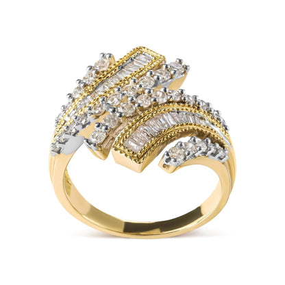 10K Yellow Gold 1.0 Cttw Round and Baguette Diamond Woven Bypass Ring (H-I,I1-I2) WEM Support (www.WEM.support)